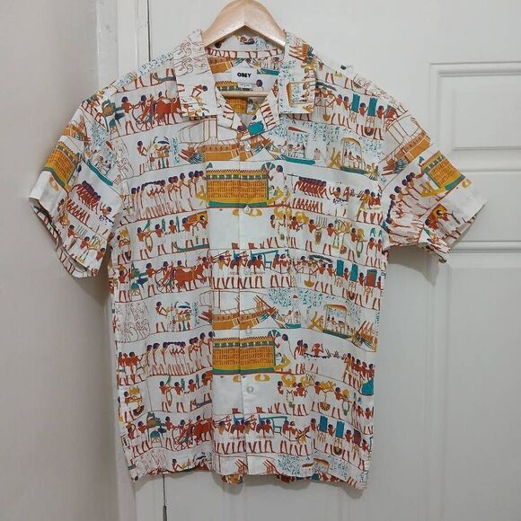 Obey mens large Egyptian printed rust bronze white casual shortsleeve shirt - Picture 1 of 5
